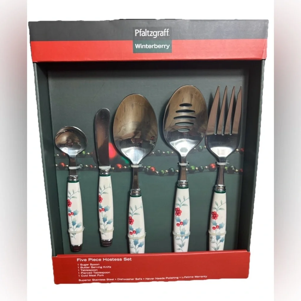 Pfaltzgraff Winterberry 5 Piece Hostess Set Holiday Christmas Serving Fork Spoon